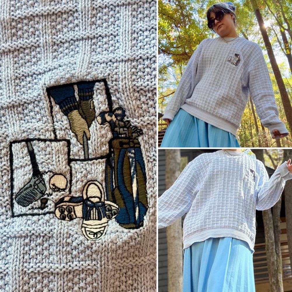 VTG 'CARMEL' embroidered GOLF waffle knit sweater | MENS L | Light Powder Blue!